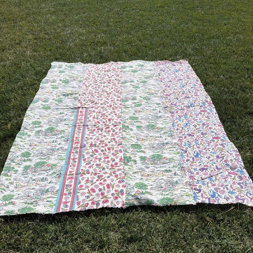 67x82 Quilt Topper Machine Sewn Vintage Floral & Landscape Fabric Multi Color